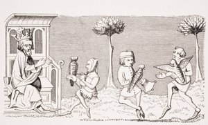Koning Modus leert de kunst van het valkenieren, reproductie van een miniatuur in het 14e-eeuwse manuscript 